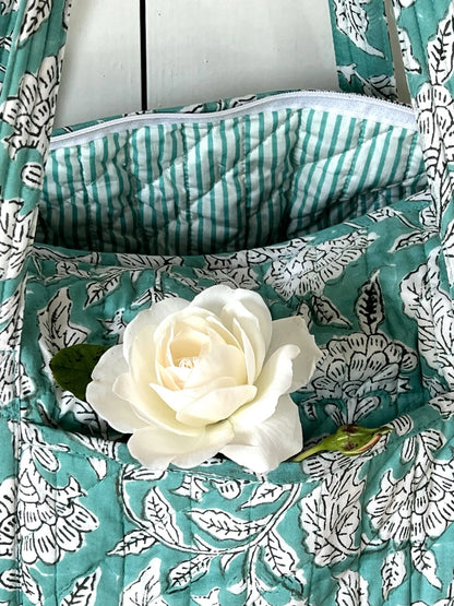 ojigi sac week-end coton block print quilté liseron turquoise