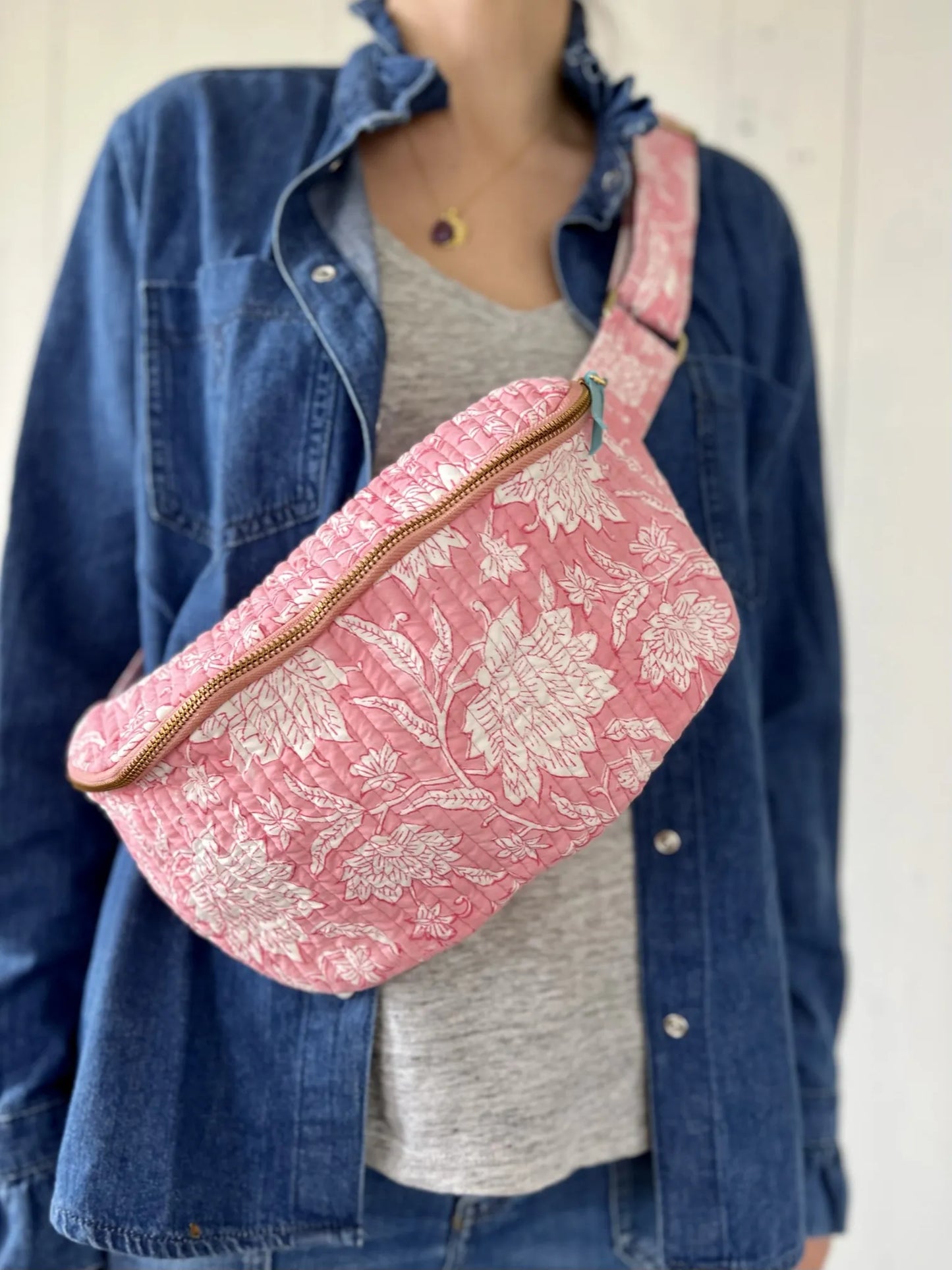 ojigi sac banane happy coton quilté block print liseron rose